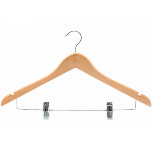 Wooden hanger with pants clips